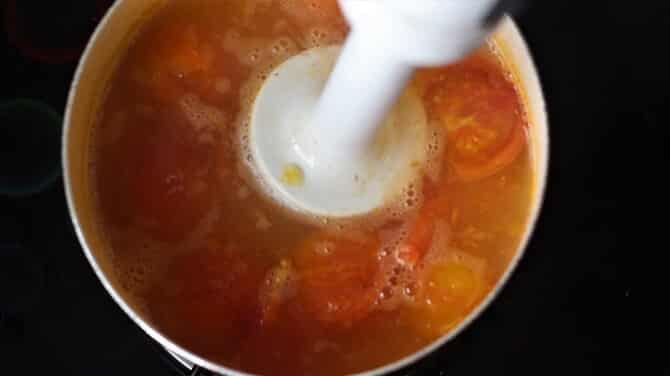 tomatoes blending in white pan