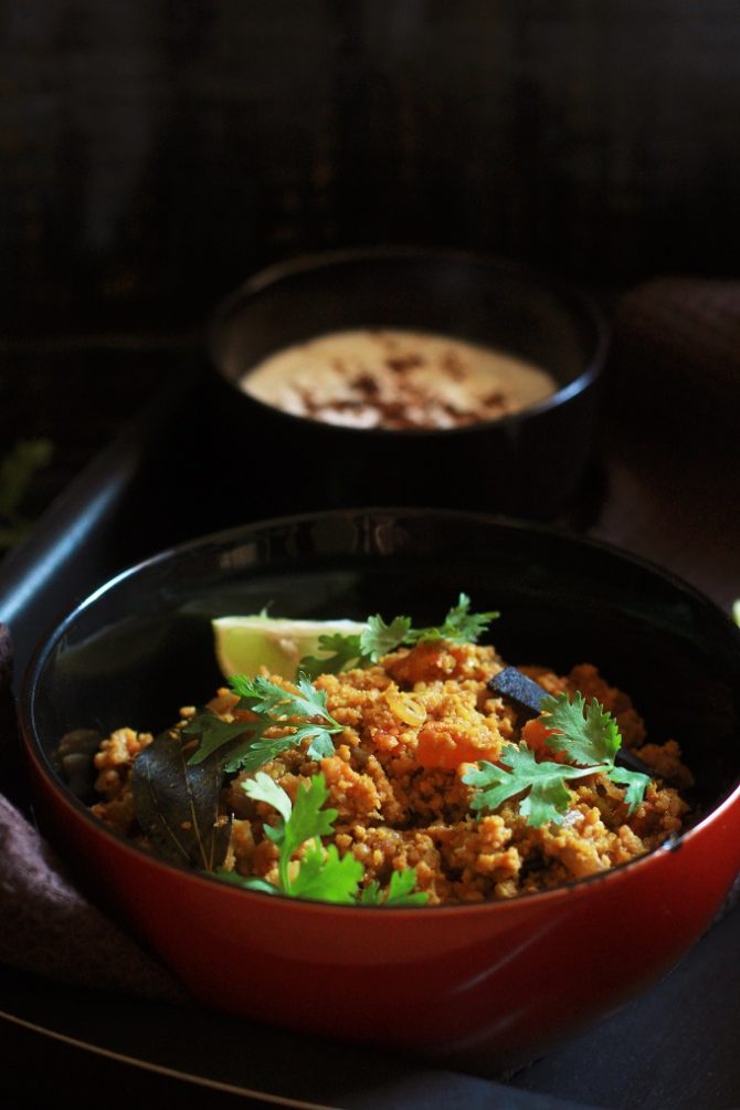 Tawa Keema recipe served in a red bowl garnished with coriander leaves
